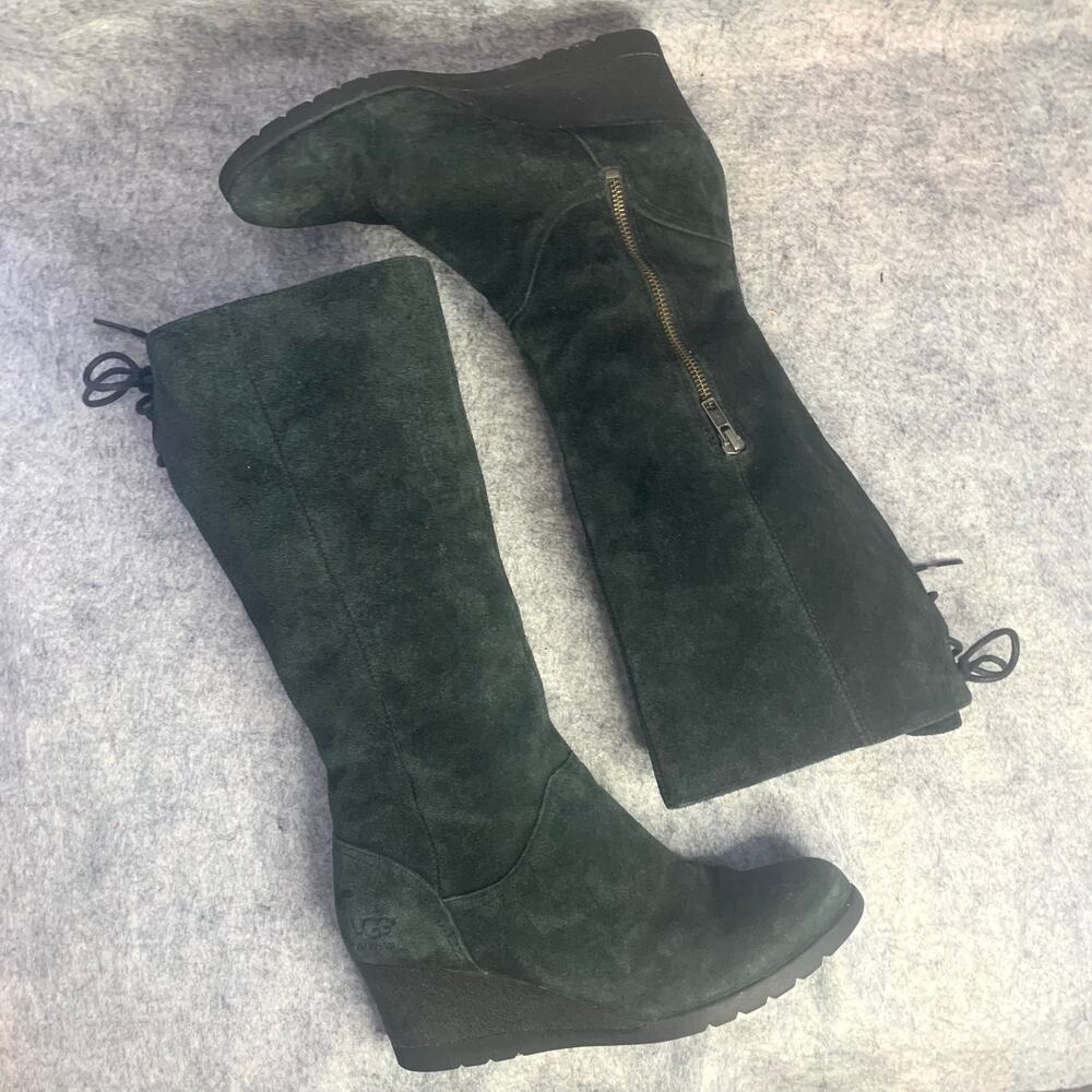UGG Dawna Tall Boots Black /Dk Green Suede, Women Size 9, Wedge Heel Waterproof